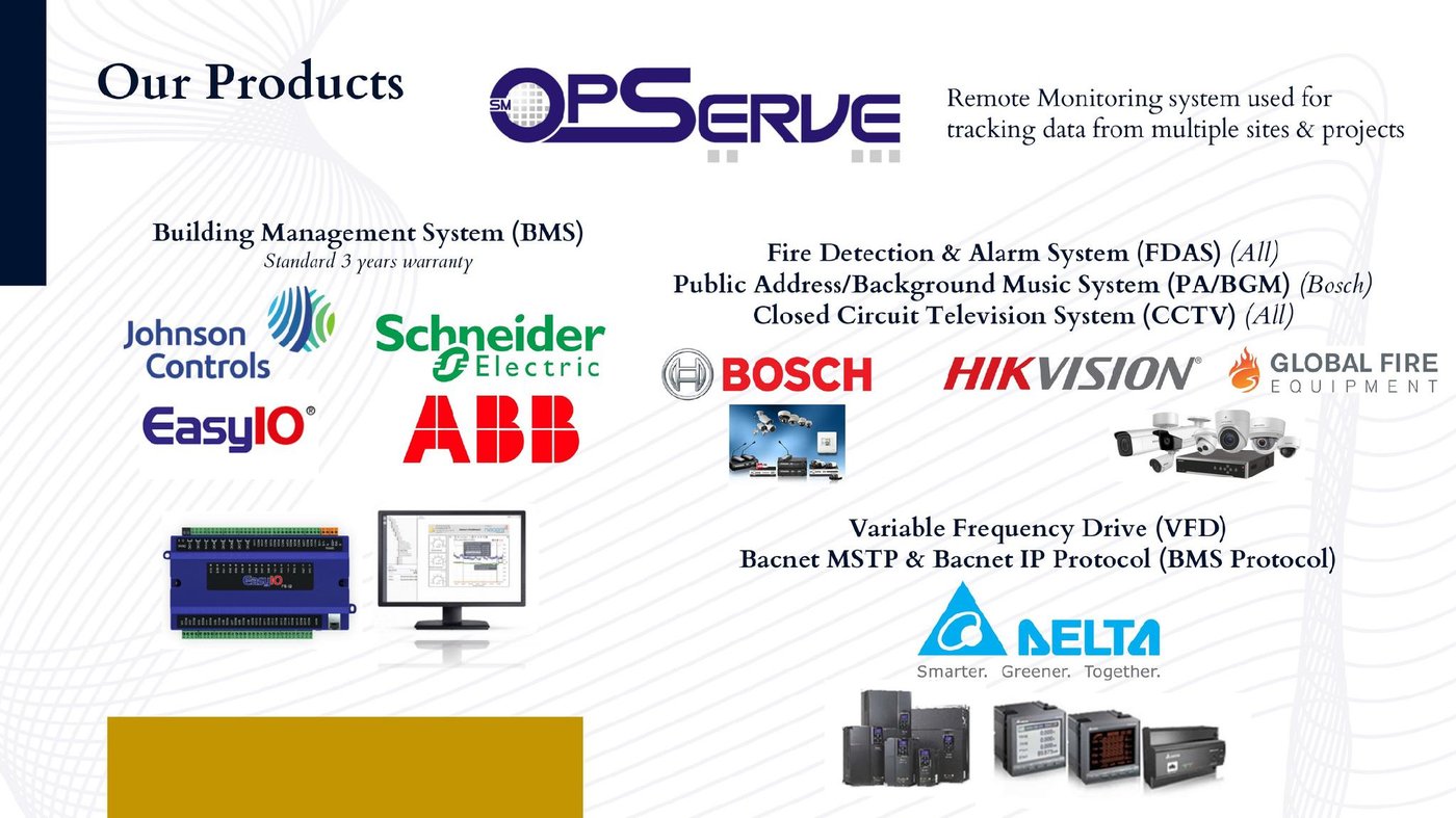 Product and brand partners: Johnson Controls, Schneider Electric, ABB, EasyIO, Bosch, Hikvision, Global Fire Equipment, Delta, and Tratek's OpServe remote monitoring platform